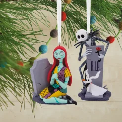Disney Tim Burton's The Nightmare Before Christmas Jack and Sally With Tombstones Hallmark Ornaments, Set of 2