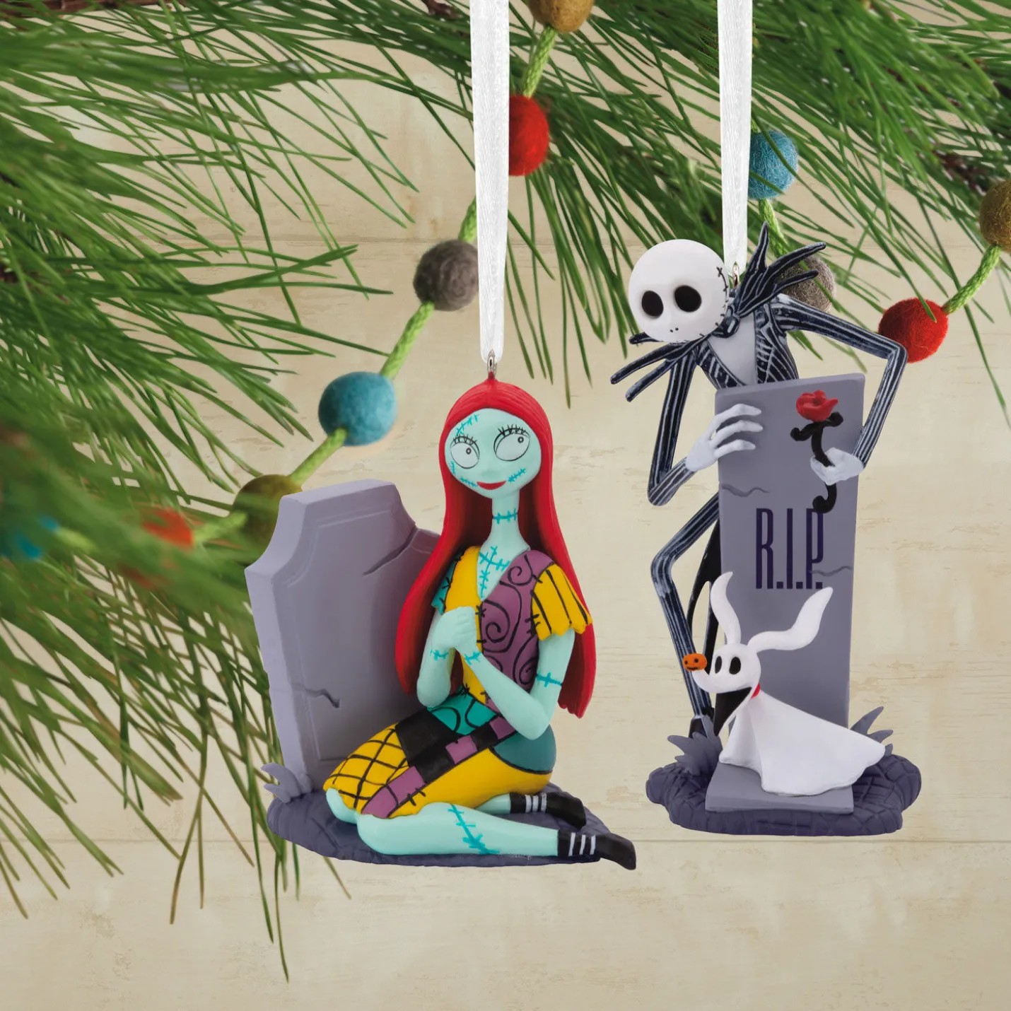Disney Tim Burton's The Nightmare Before Christmas Jack and Sally With Tombstones Hallmark Ornaments, Set of 2