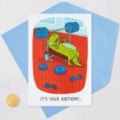 Don't Lift a Finger Dinosaur at Gym Funny Birthday Card