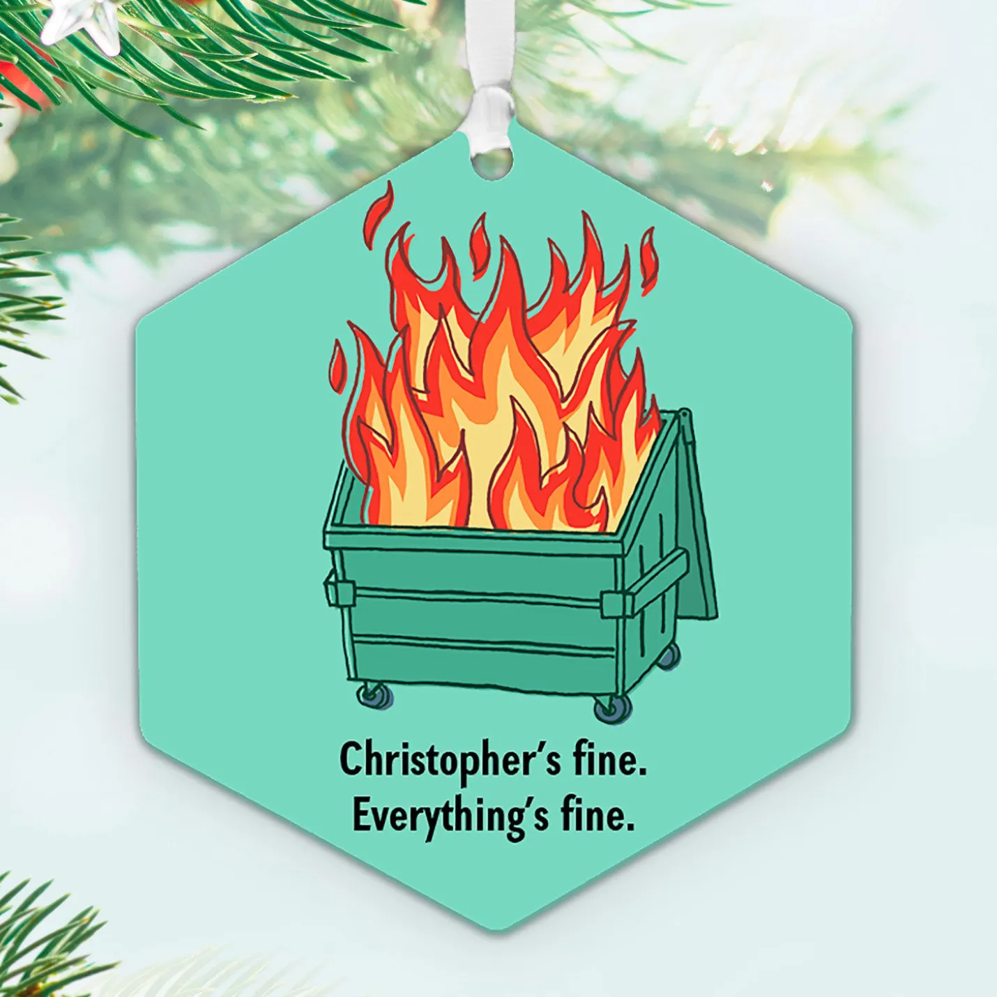 Dumpster Fire Metal Personalized Ornament, Custom Text