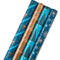 Elegant Blues 4-Pack Blue and Gold Reversible Wrapping Paper, 150 sq. ft.