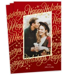 Elegant Gold Script on Red Flat Holiday Photo Card