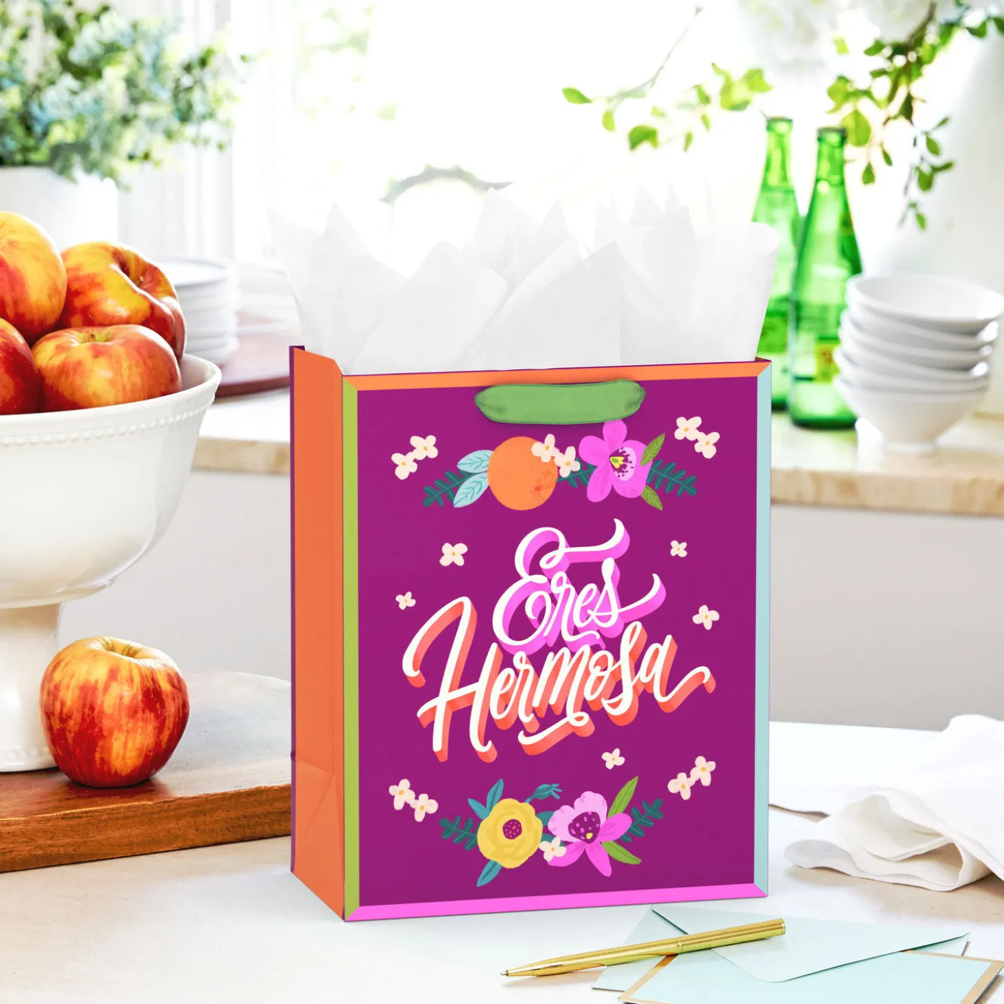 9.6" Eres Hermosa Flowers on Dark Purple Medium Gift Bag