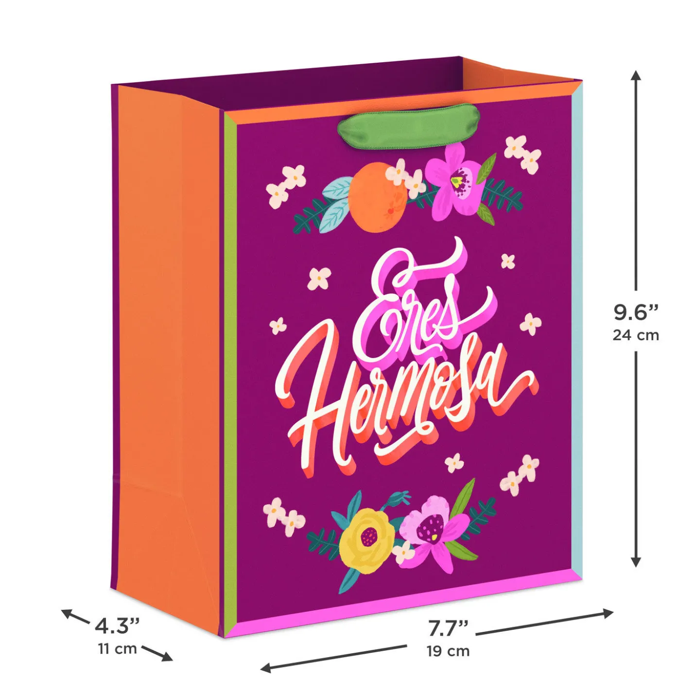 9.6" Eres Hermosa Flowers on Dark Purple Medium Gift Bag