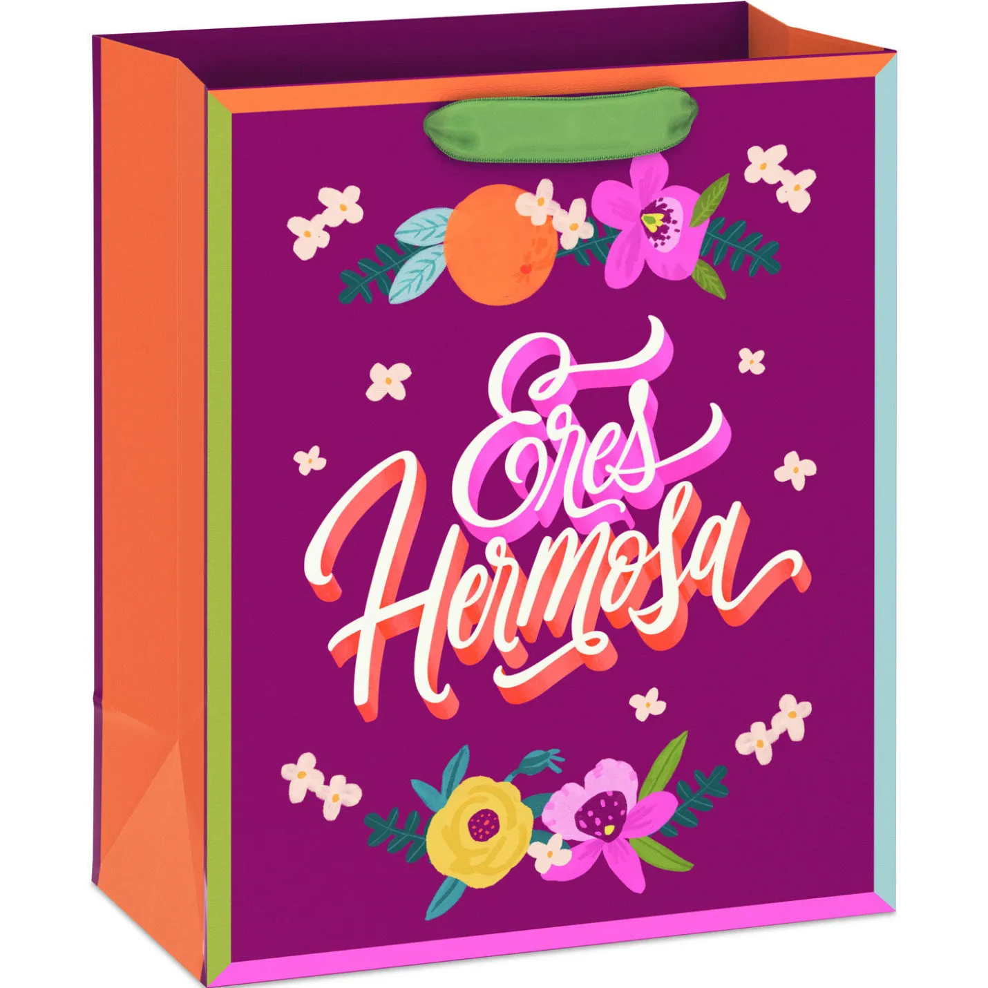 9.6" Eres Hermosa Flowers on Dark Purple Medium Gift Bag