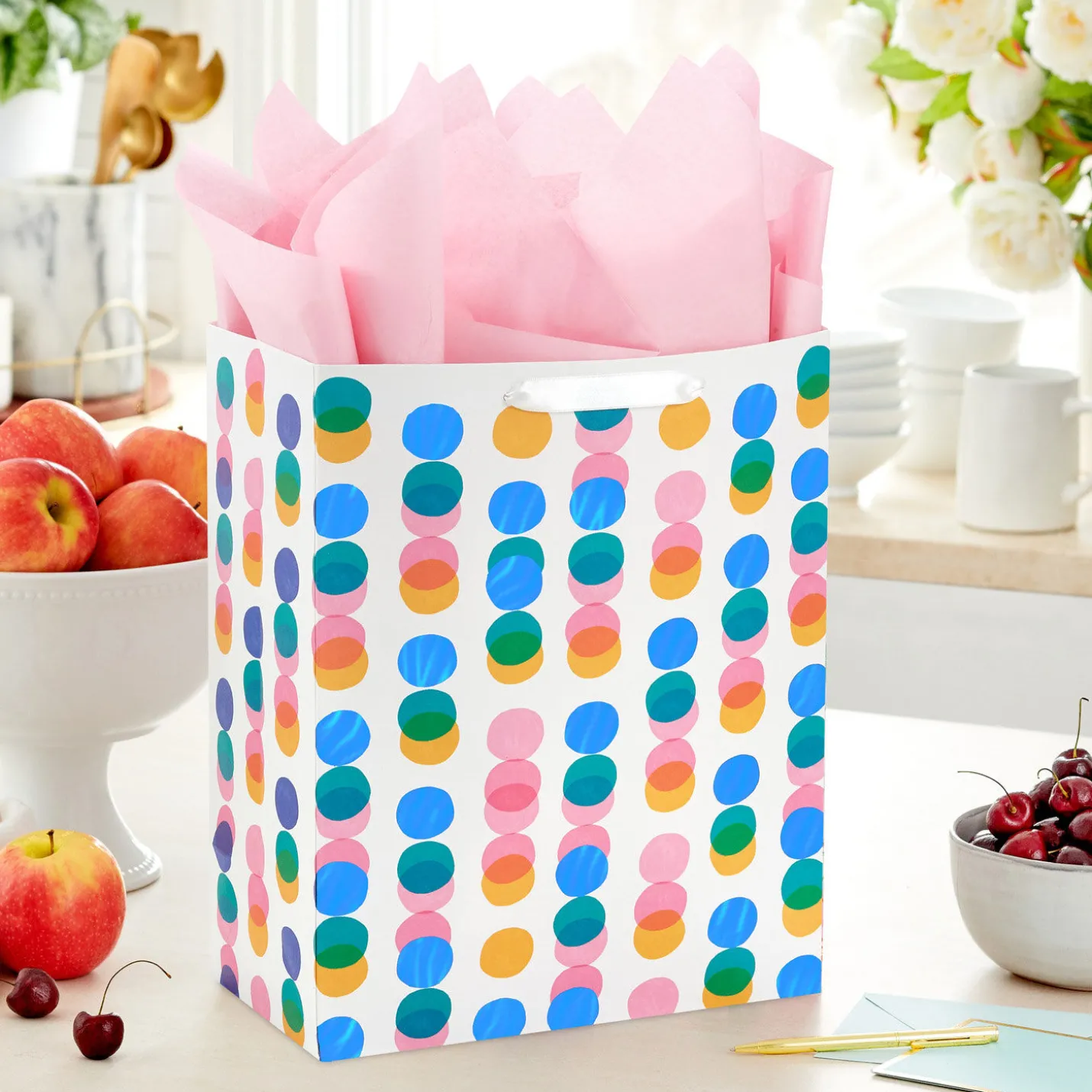 13" Falling Rows of Dots Large Gift Bag With Tissue Paper