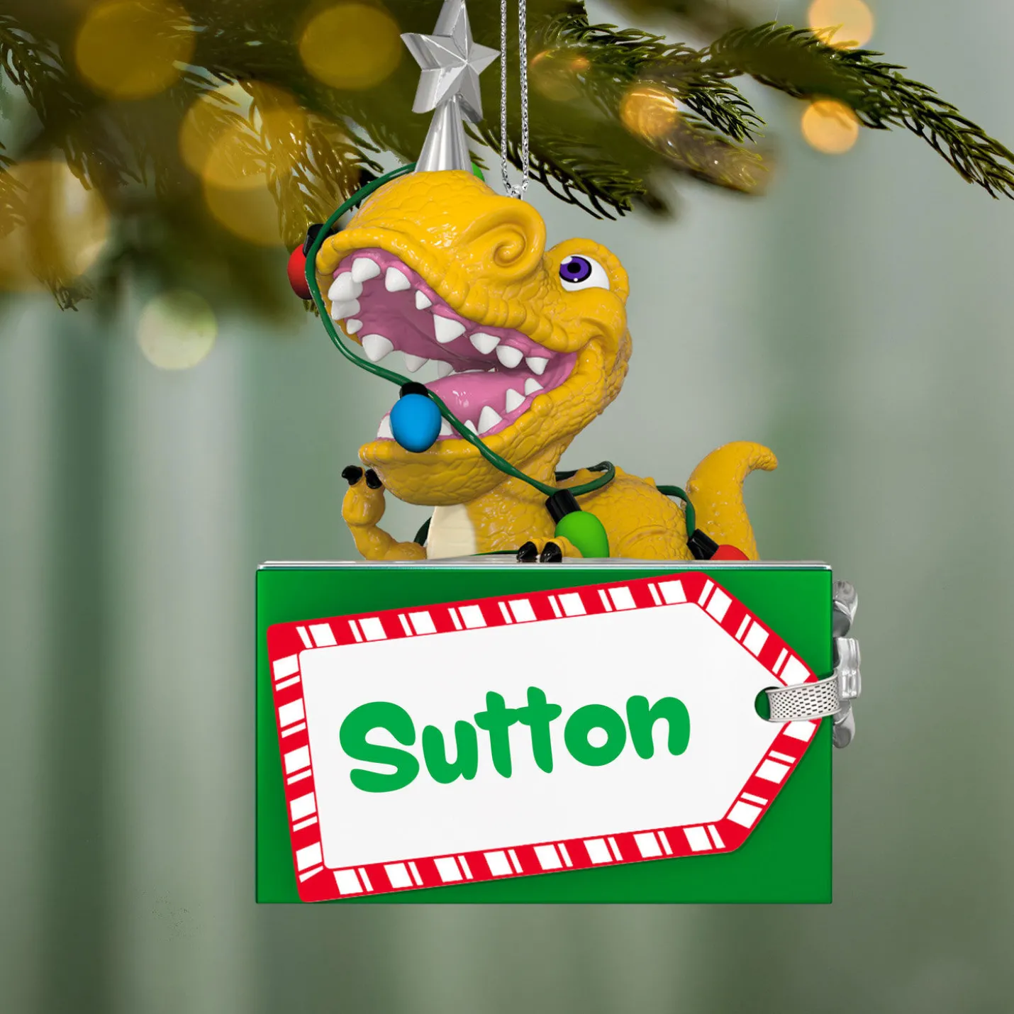Festive Dinosaur Personalized Ornament, Custom Text