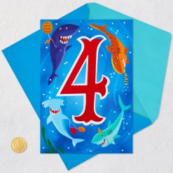 Fin-tastic Four Sharks 4th Birthday Card With Stickers