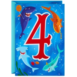 Fin-tastic Four Sharks 4th Birthday Card With Stickers