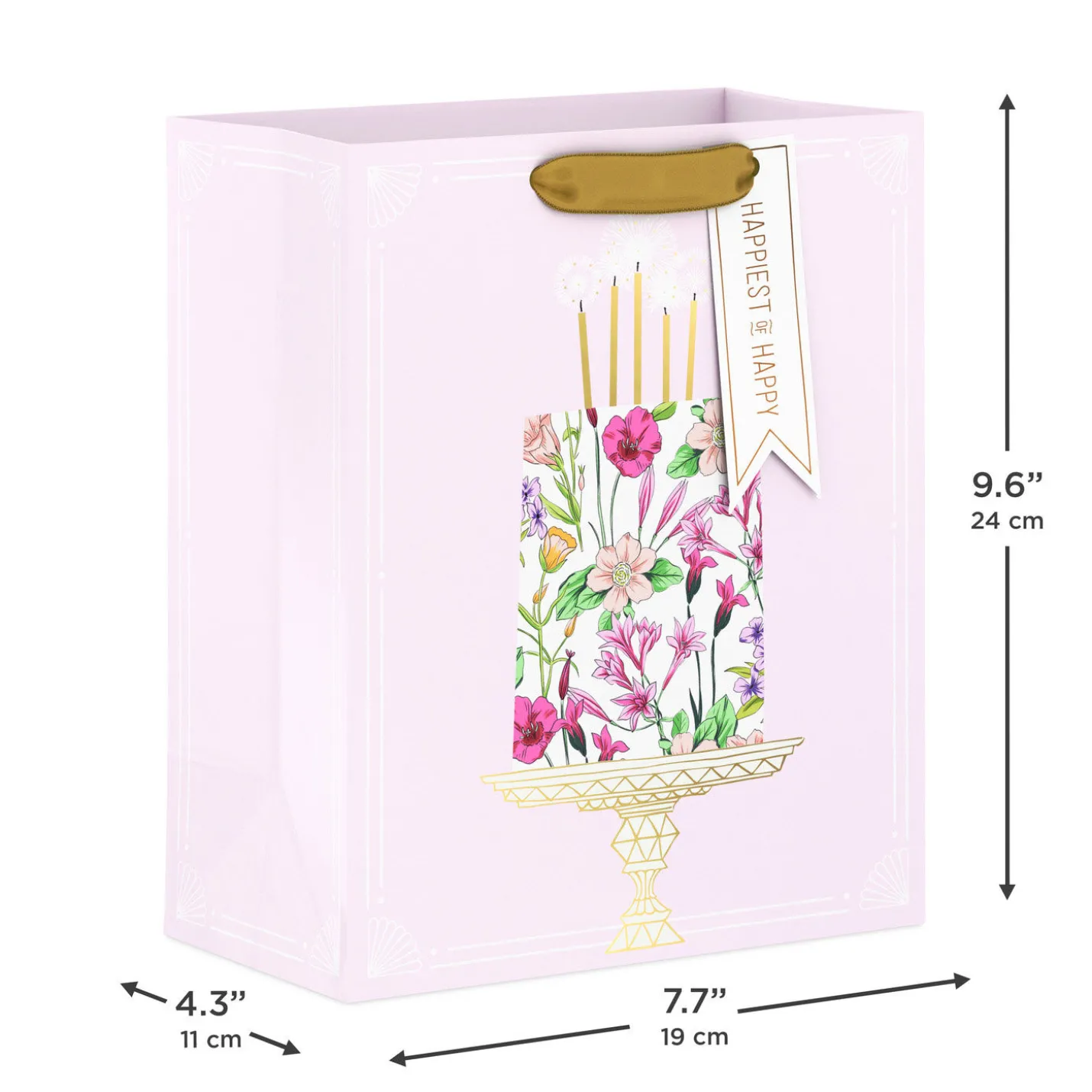 9.6" Floral Birthday Cake on Pink Medium Gift Bag