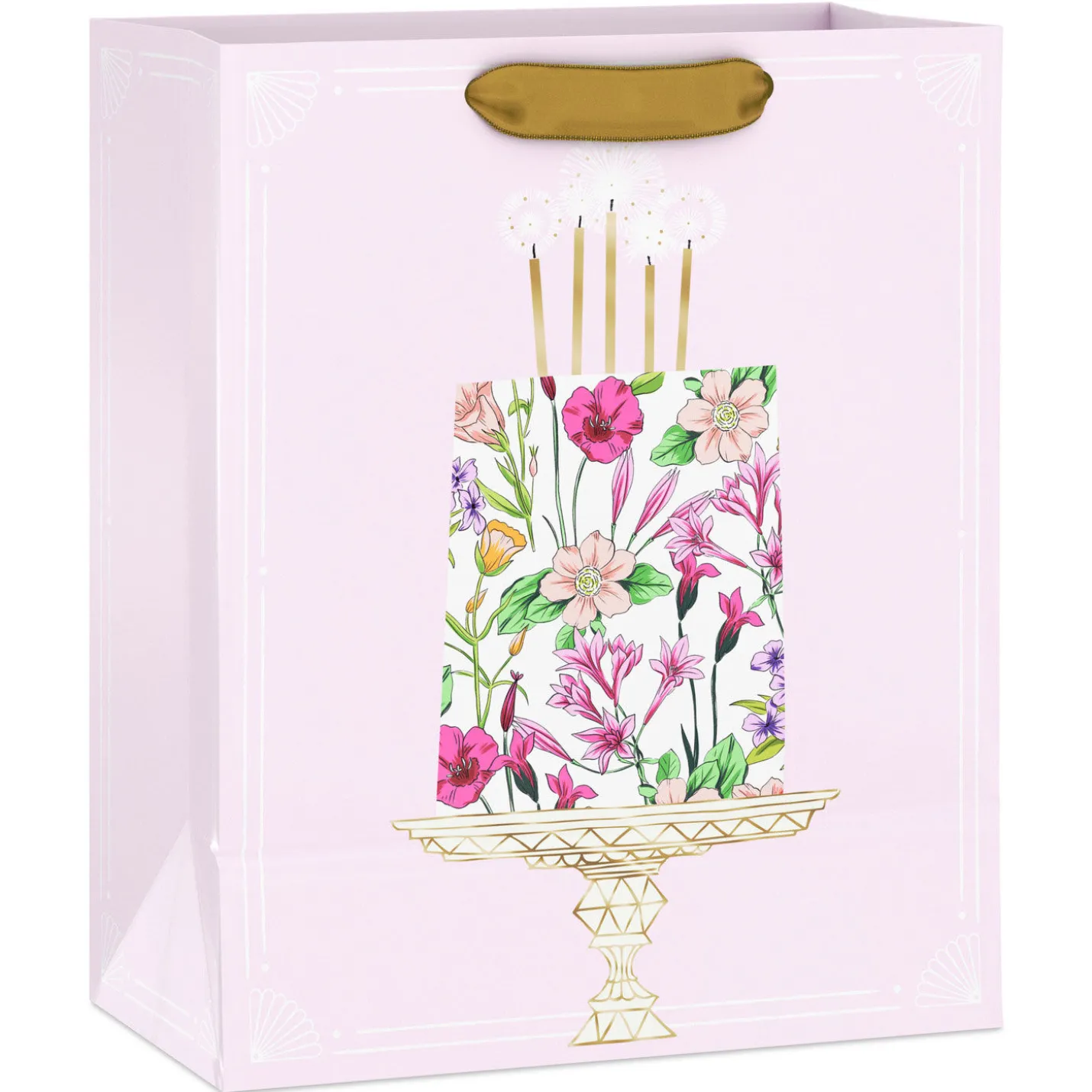 9.6" Floral Birthday Cake on Pink Medium Gift Bag