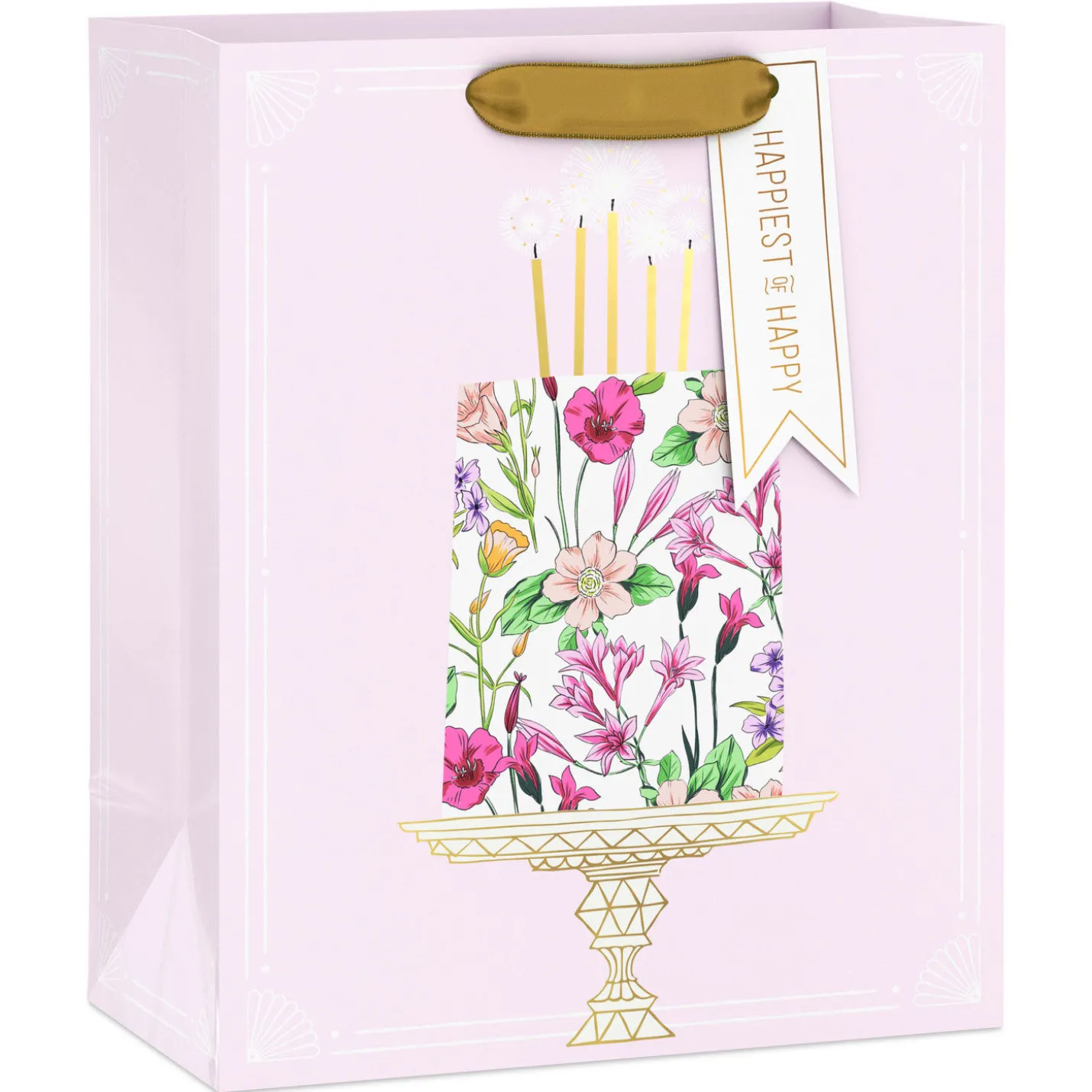 9.6" Floral Birthday Cake on Pink Medium Gift Bag