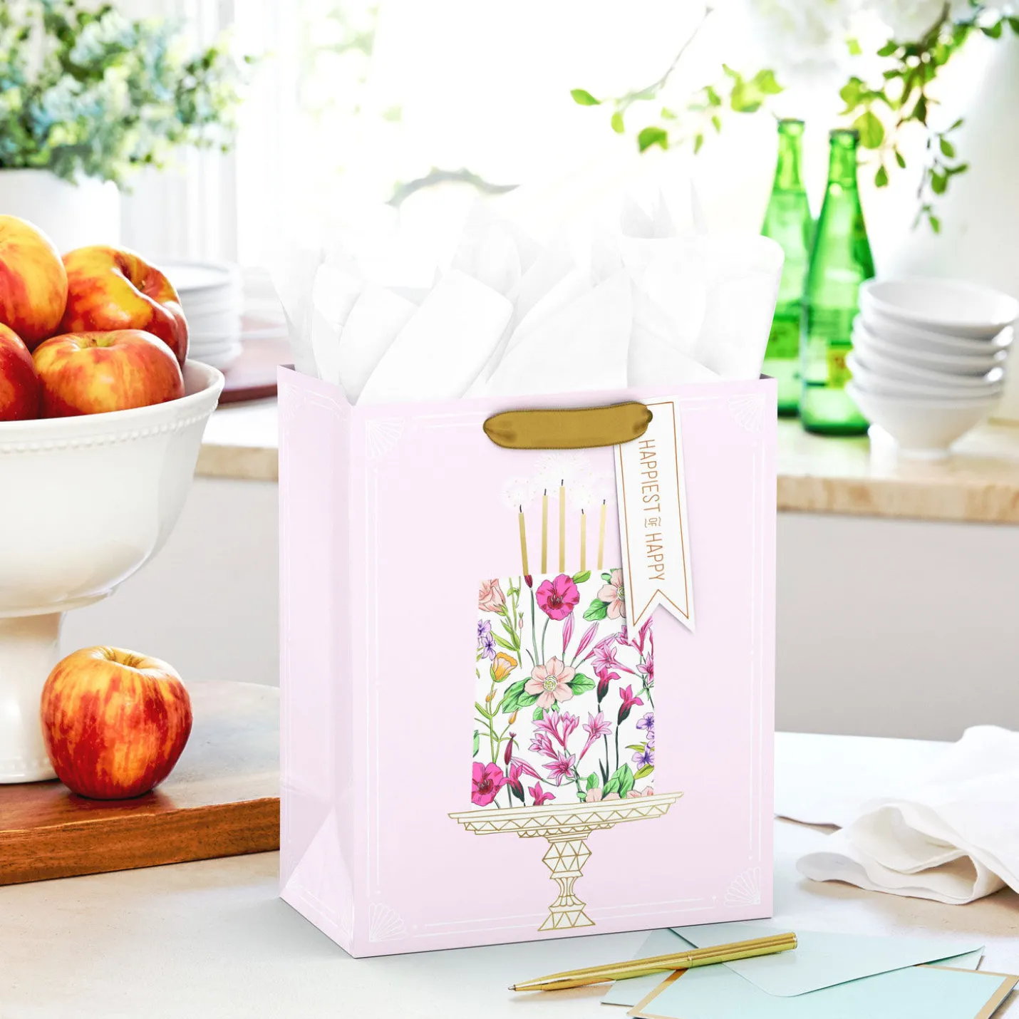 9.6" Floral Birthday Cake on Pink Medium Gift Bag