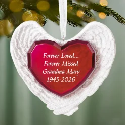 Forever Loved Memorial Heart and Angel Wings Personalized Ornament, Custom Text