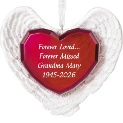 Forever Loved Memorial Heart and Angel Wings Personalized Ornament, Custom Text