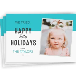 Funny Blue and White Flat Belated Holiday Photo Card