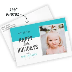 Funny Blue and White Flat Belated Holiday Photo Card