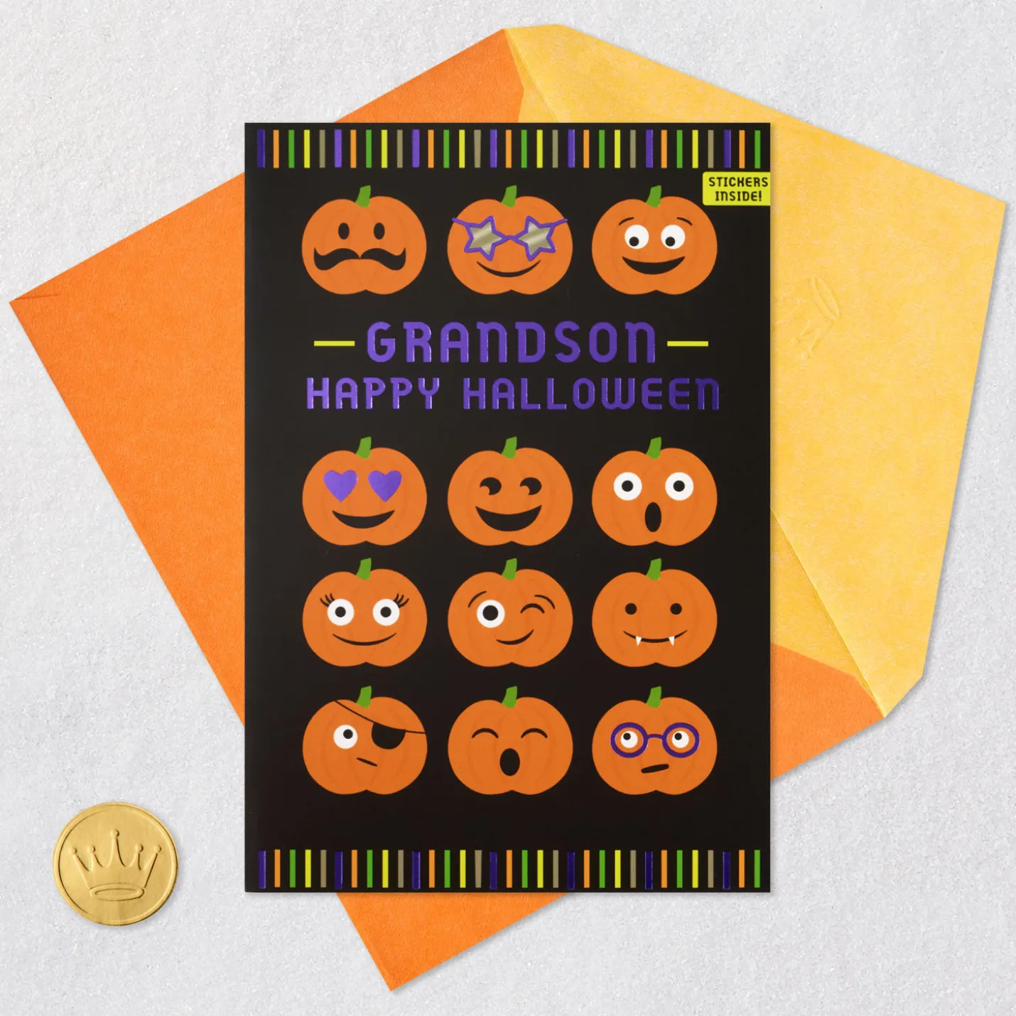 Fun Pumpkin Faces Halloween Card With Stickers for Grandson
