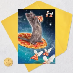 Galactic Cat With Pizza Funny Birthday Card