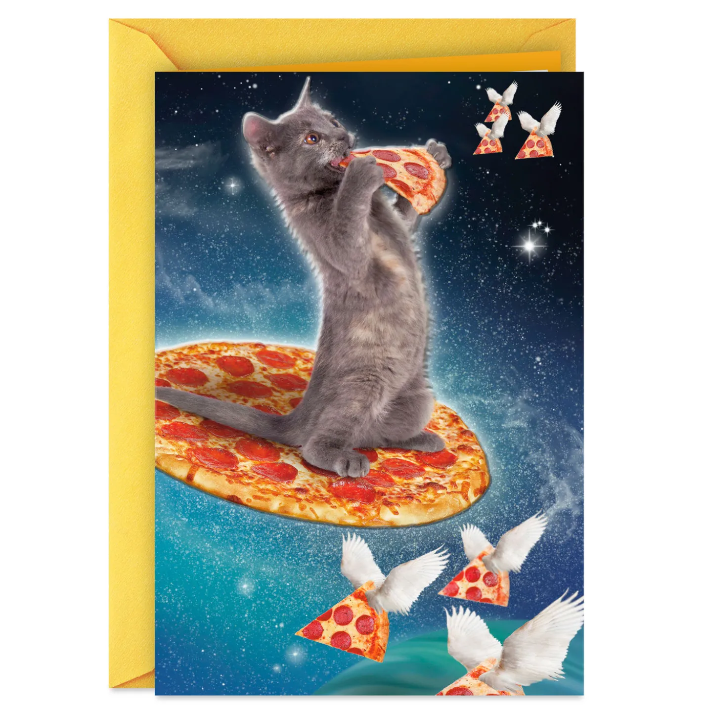 Galactic Cat With Pizza Funny Birthday Card