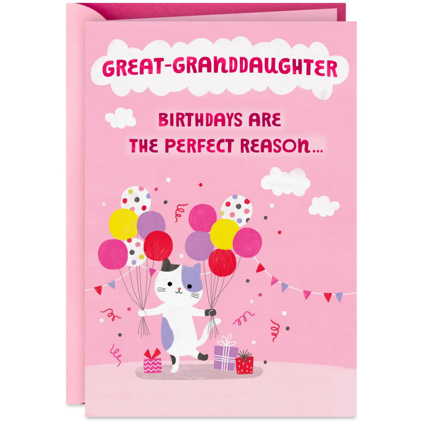 Get Carried Away Kitty and Balloons Birthday Card for Great-Granddaughter