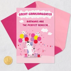 Get Carried Away Kitty and Balloons Birthday Card for Great-Granddaughter