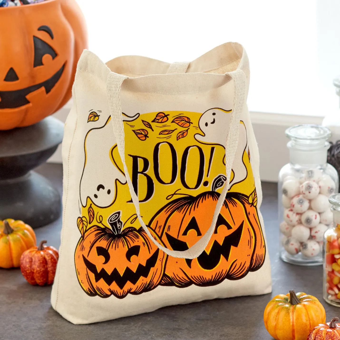 13" Ghost and Pumpkins Canvas Halloween Tote Bag