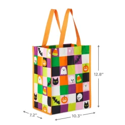 12" Ghosts, Candy Corn, Bats and Cats Grid Large Halloween Reusable Tote Bag
