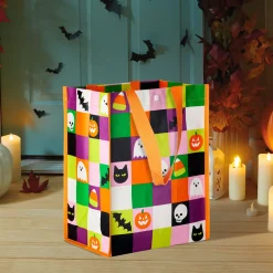 12" Ghosts, Candy Corn, Bats and Cats Grid Large Halloween Reusable Tote Bag