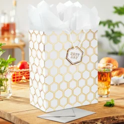 13" Gold Foil Hexagons on White Large Gift Bag