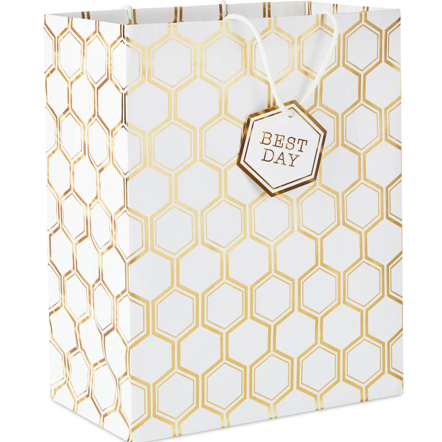 13" Gold Foil Hexagons on White Large Gift Bag