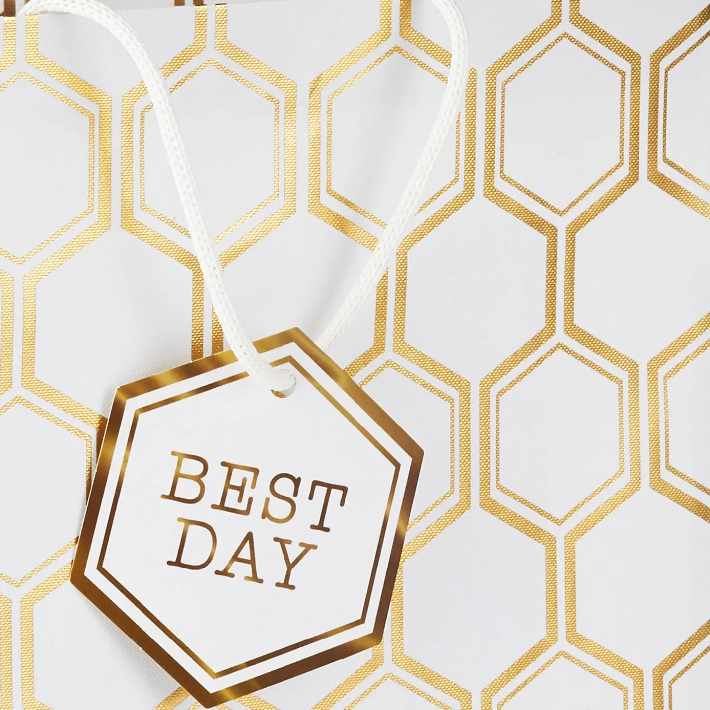 13" Gold Foil Hexagons on White Large Gift Bag