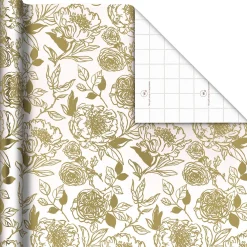 Gold Illustrated Roses on White Tall Wrapping Paper Roll, 35 sq. ft.