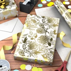 Gold Illustrated Roses on White Tall Wrapping Paper Roll, 35 sq. ft.