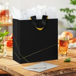 10.4" Gold Lines on Black Large Square Gift Bag