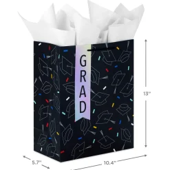 13" Grad Hats on Black Large Gift Bag With Graduation Card and Tissue Paper
