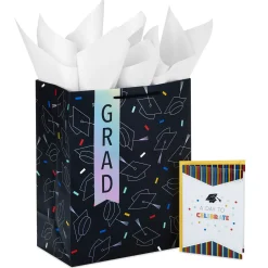 13" Grad Hats on Black Large Gift Bag With Graduation Card and Tissue Paper