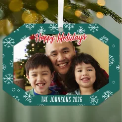 Green Snowflake Metal Personalized Ornament, Custom Photo and Text