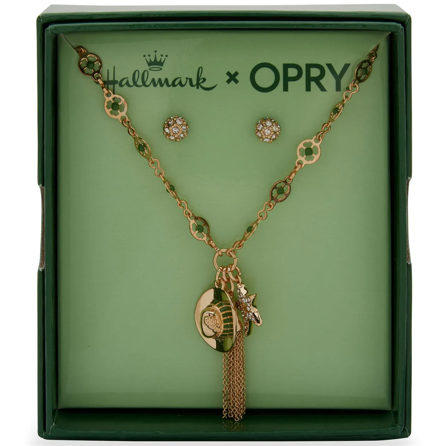 Hallmark x Opry® Sparkly Stud Earrings and Green Bead Necklace Set