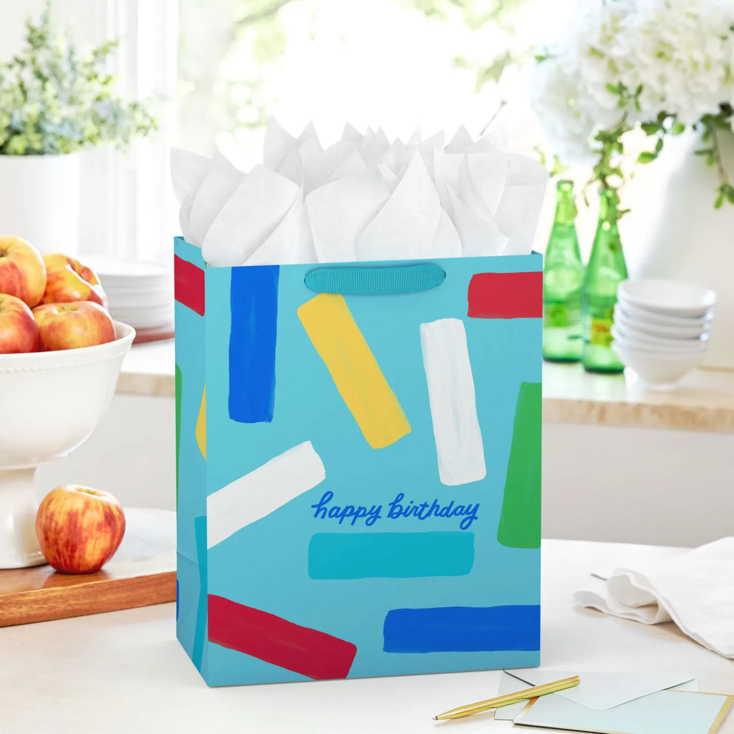 13" Happy Birthday and Confetti Stripes on Blue Large Gift Bag