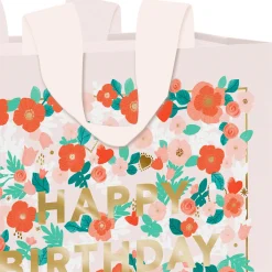 10.4" Happy Birthday Floral on Pink Large Square Gift Bag