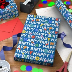 Happy Birthday on Blue Tall Wrapping Paper Roll, 35 sq. ft.