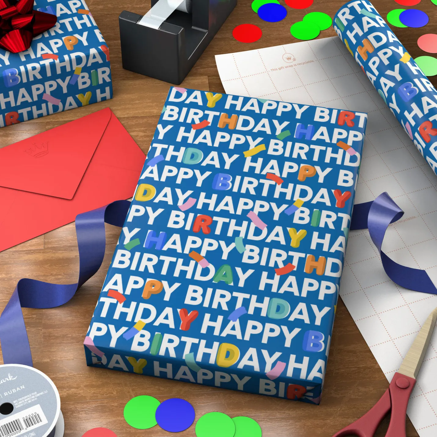 Happy Birthday on Blue Tall Wrapping Paper Roll, 35 sq. ft.