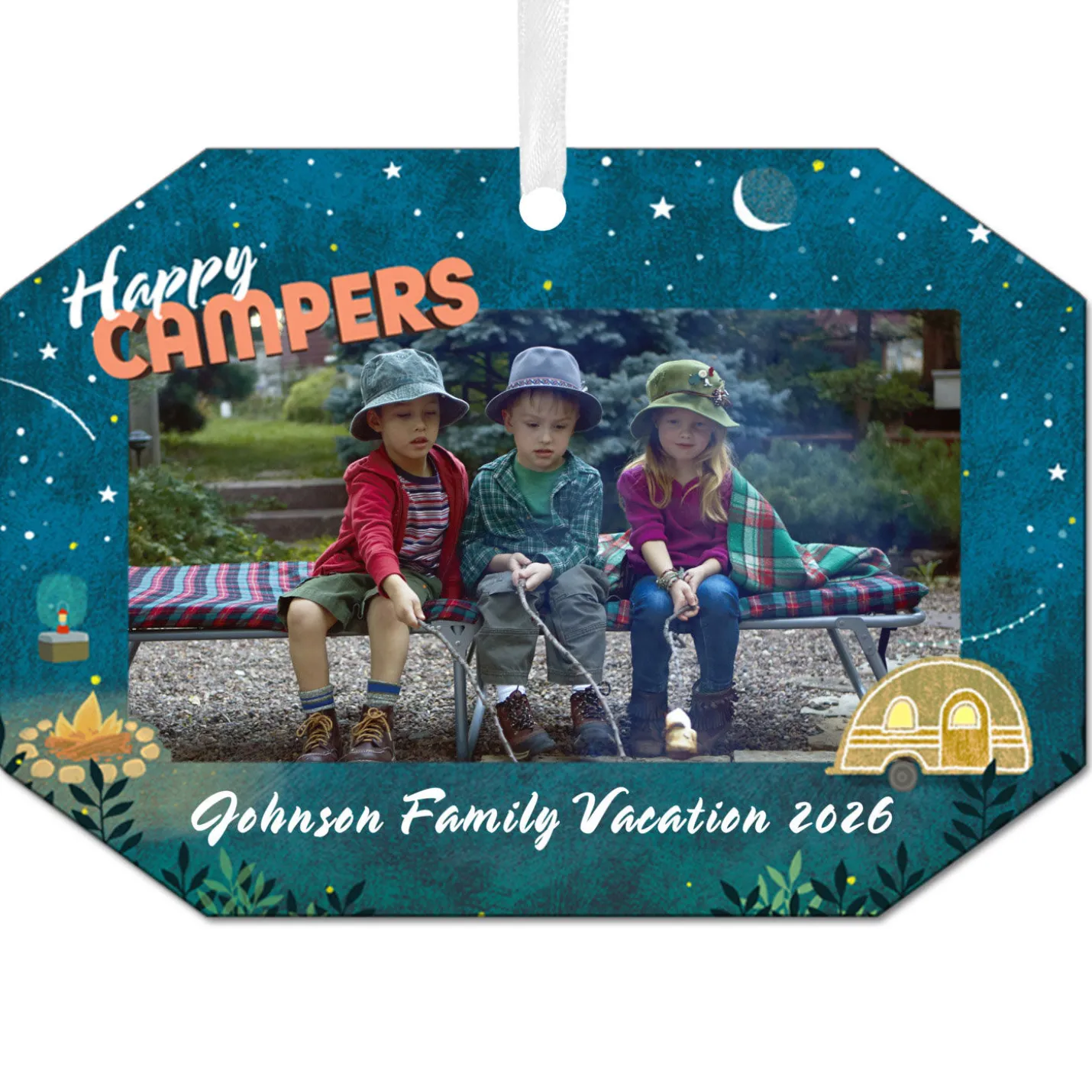 Happy Campers Metal Personalized Ornament, Custom Photo and Text
