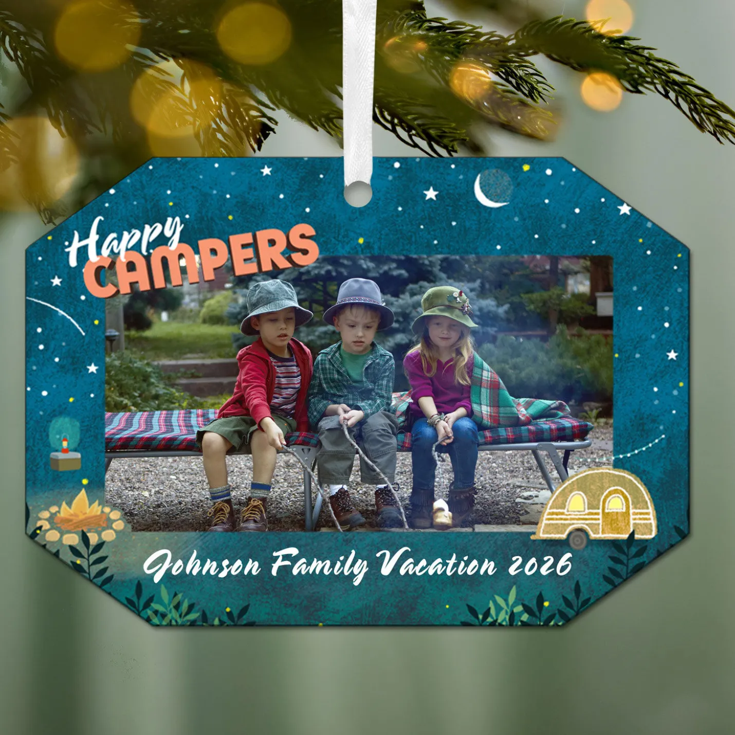Happy Campers Metal Personalized Ornament, Custom Photo and Text