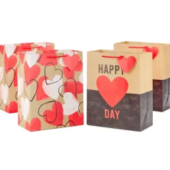 13" Happy Heart Day and Painted Hearts 4-Pack Large Valentine's Day Gift Bags