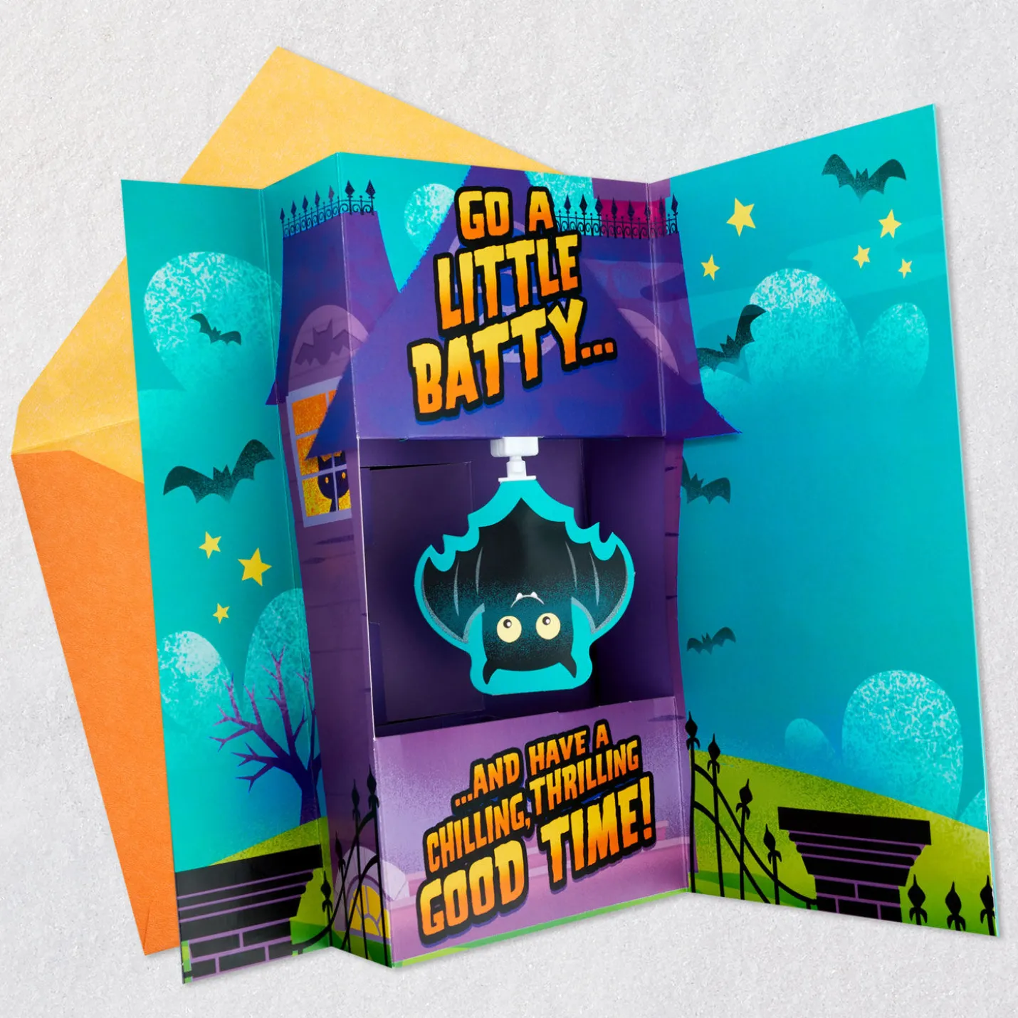 Haunted House Funny Musical Pop-Up Halloween Card With Spinning Bat