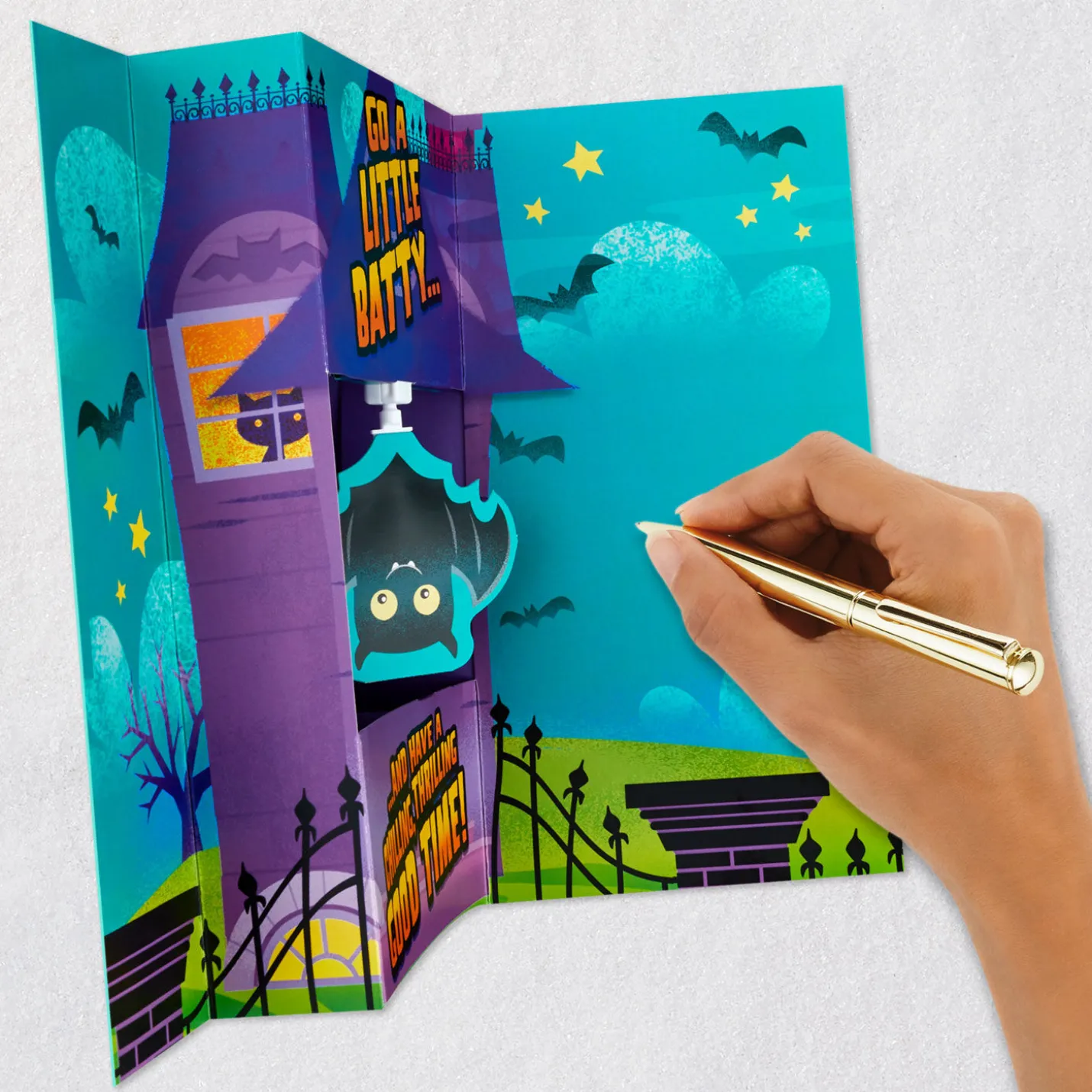 Haunted House Funny Musical Pop-Up Halloween Card With Spinning Bat