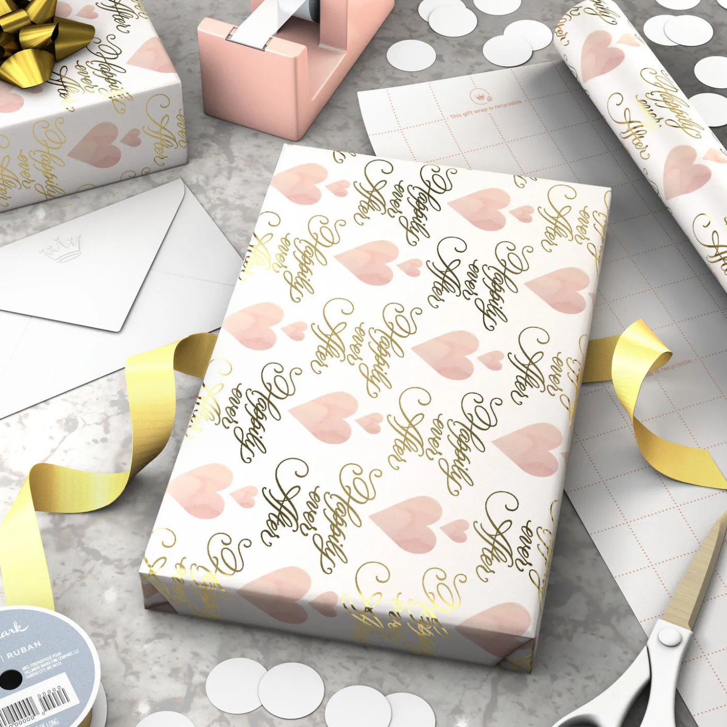 Hearts and Happily Ever After on Blush Wrapping Paper Roll, 20 sq. ft.
