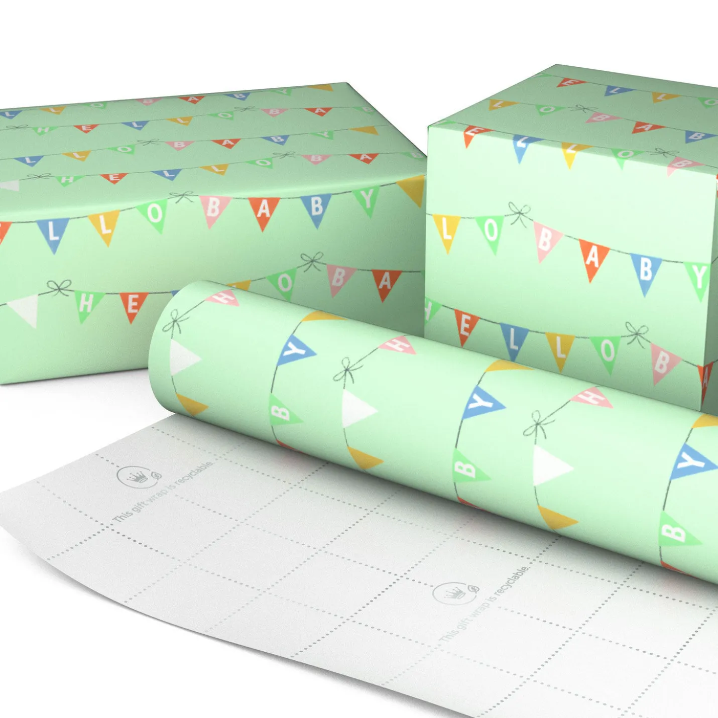 Hello Baby Pennants on Mint Green Wrapping Paper Roll, 20 sq. ft.